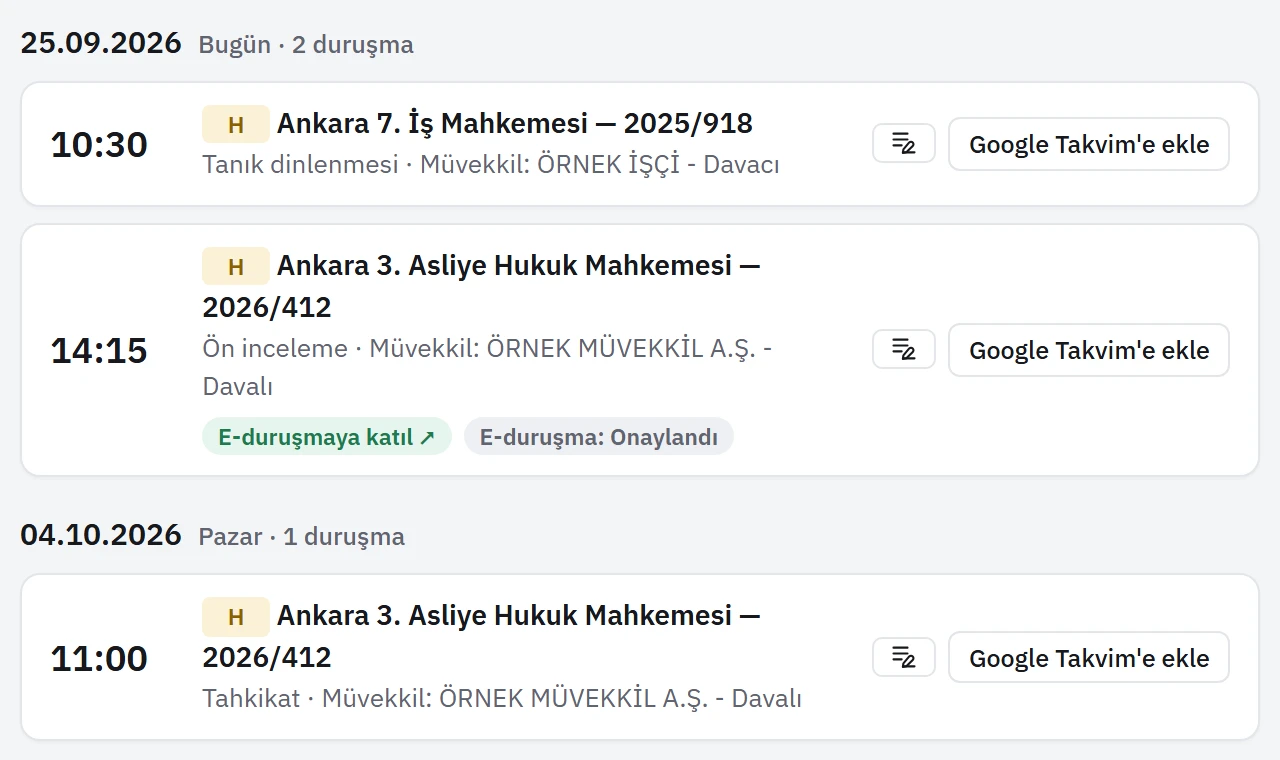 Duruşma listesi ve e-duruşma durumu