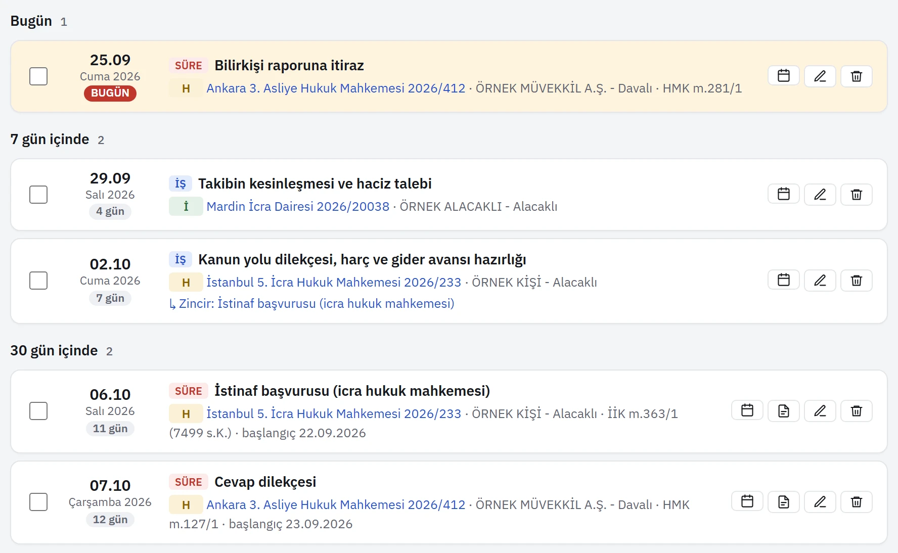 Görev listesi: süreler, işler ve zincir bağlantıları